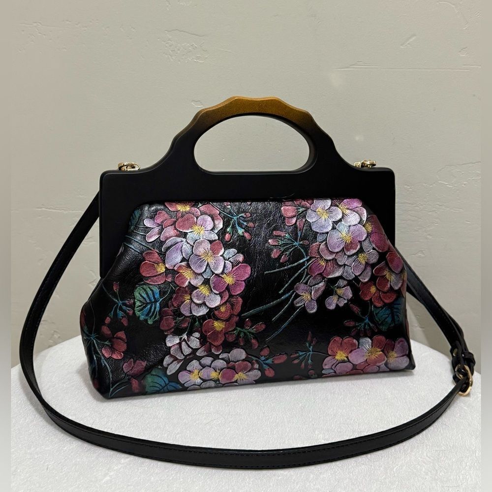 Handmade Cowhide Floral Embossed, Large Wooden Frame Bag & 2 Strap Styles